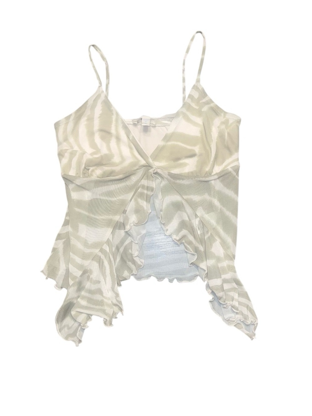 See You Monday Green Beige Ruffle Tank Top Sheer NWOT Small Festival Boho V Neck